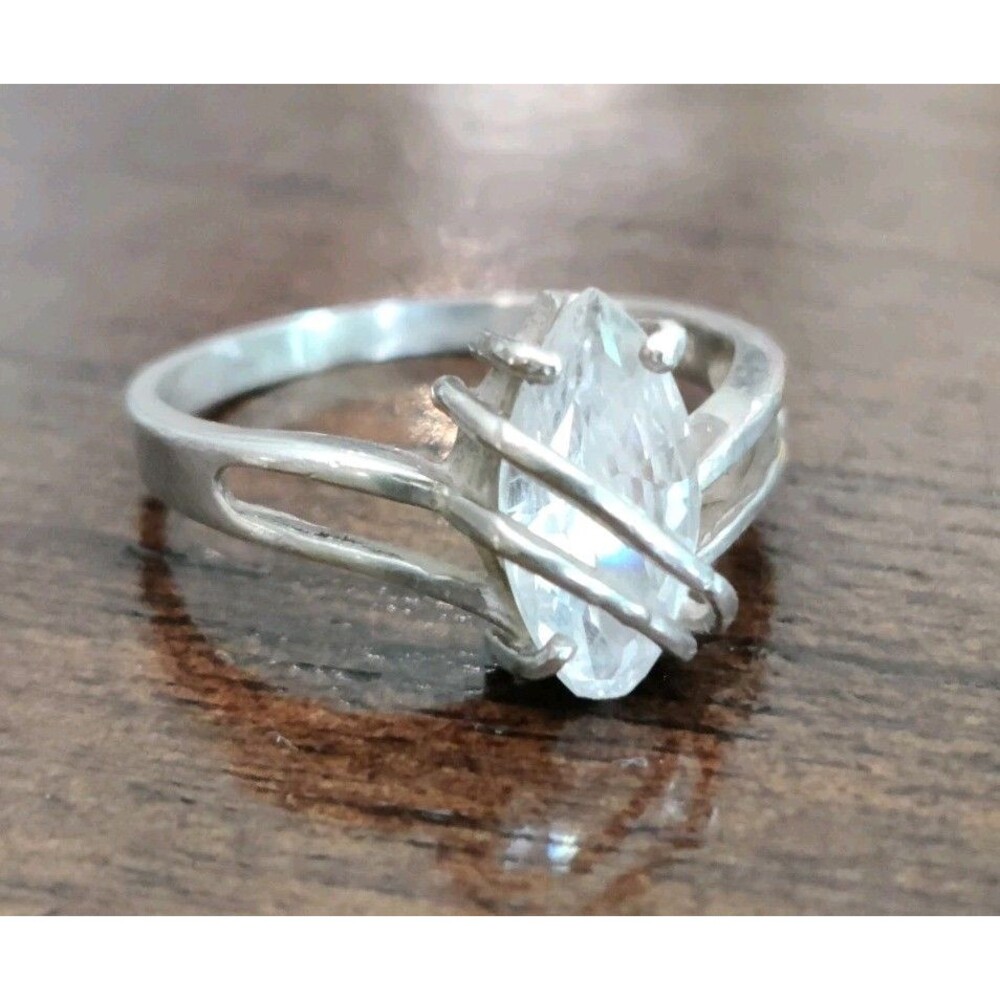 Sterling Silver Marquise CZ Ring Crossover Design Sz 8 Signed CA 925, 3g